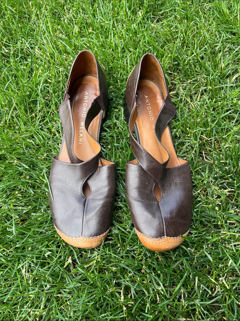 ANTONIO MELANI Dark Brown Leather Peep-Toe Slingback Wedges with Tan Trim